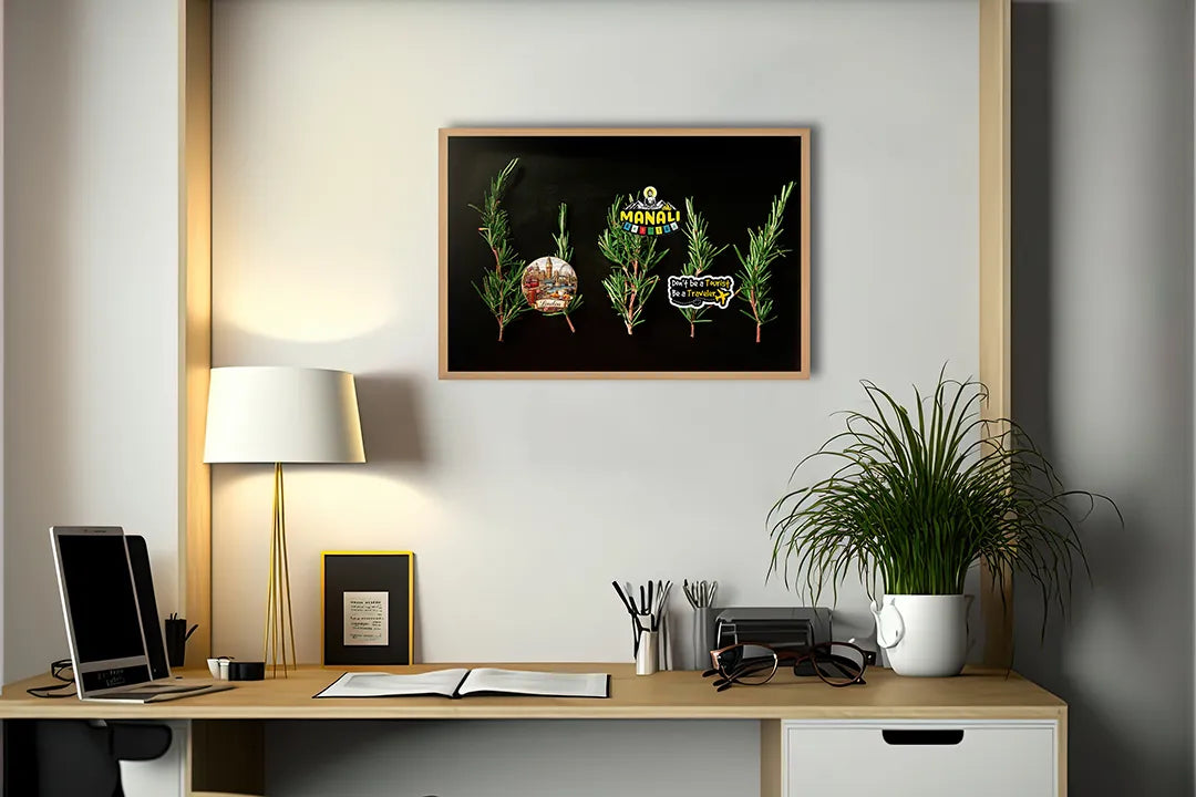 Metalen magneetbord met print en lijst | Rozemarijn op Zwarte Achtergrond