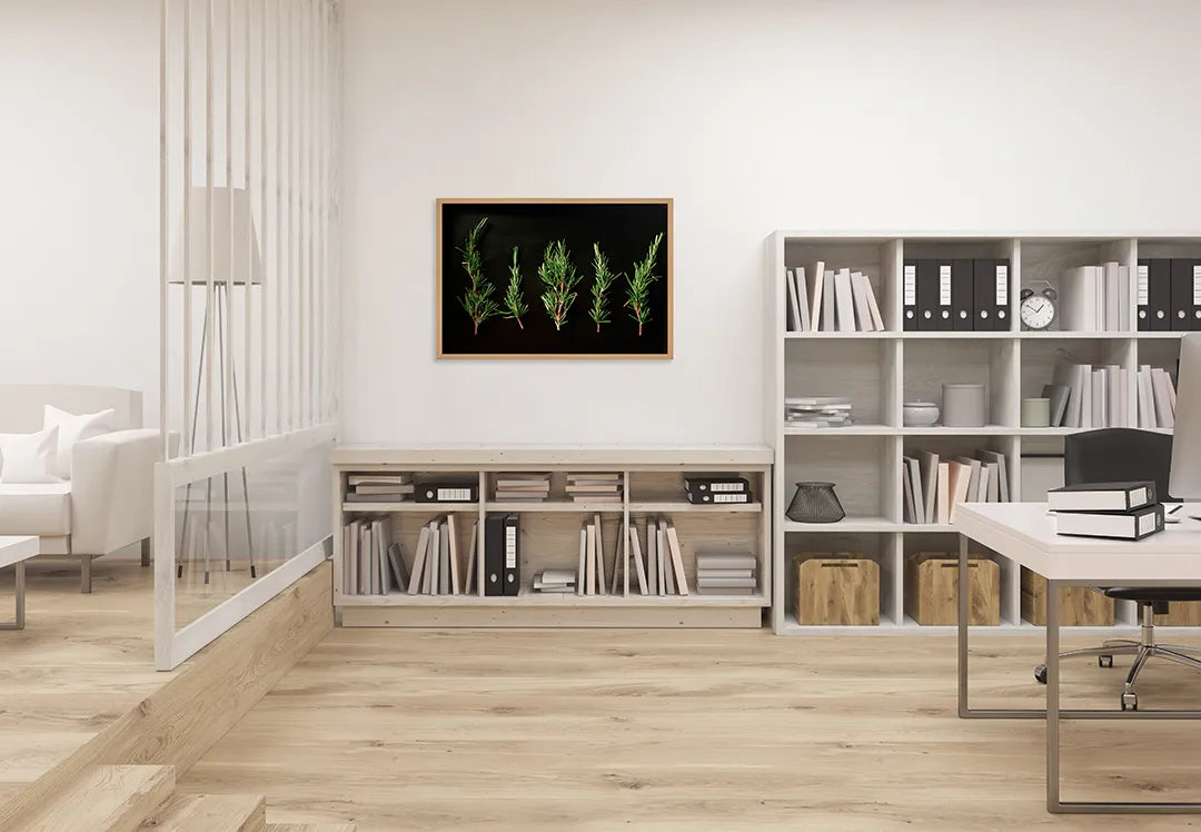 Metalen magneetbord met print en lijst | Rozemarijn op Zwarte Achtergrond