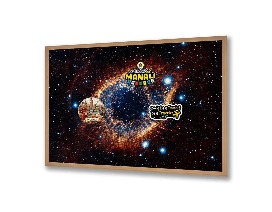 Metalen Magneetbord met afbeelding van ruimte nevel en sterrenstelsel in diep ruimte blauw en oranje kleuren