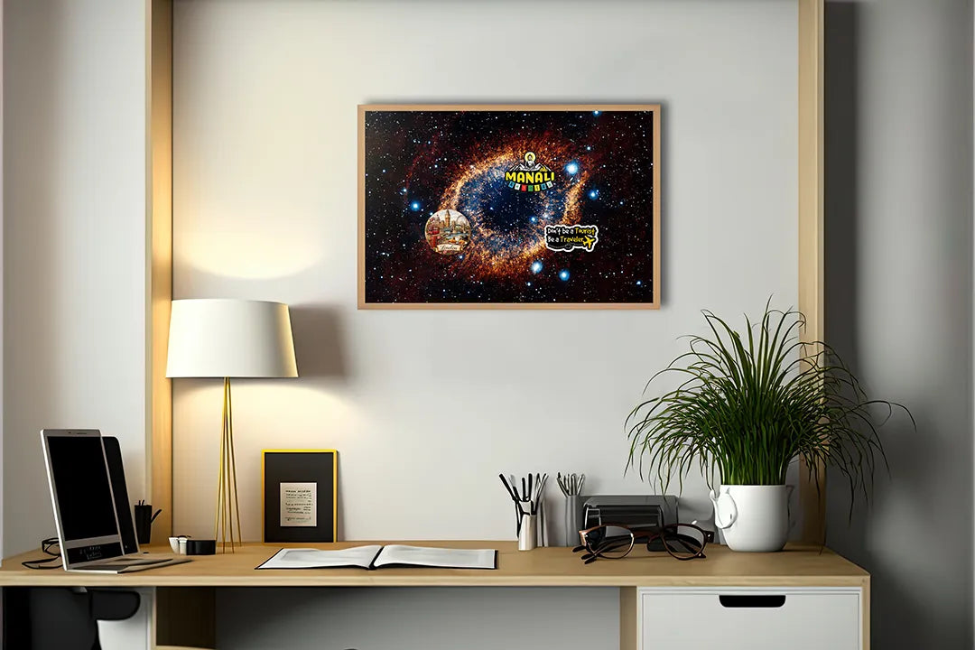 Metalen Magneetbord met afbeelding van ruimte nevel en sterrenstelsel in diep ruimte blauw en oranje kleuren