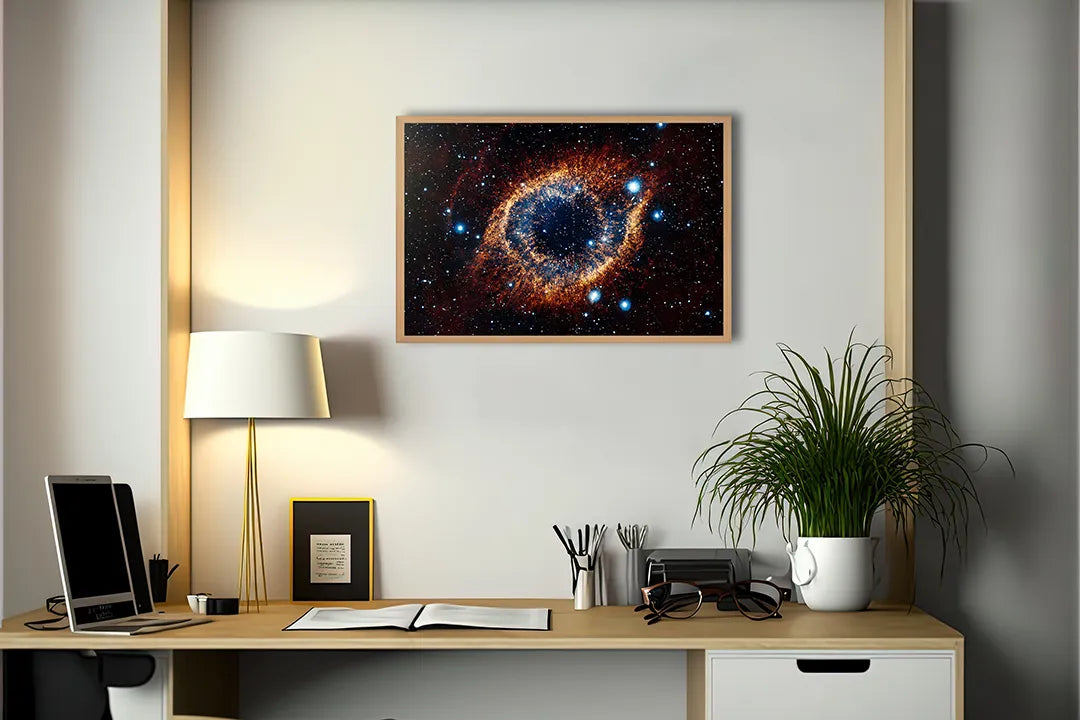 Metalen Magneetbord met afbeelding van ruimte nevel en sterrenstelsel in diep ruimte blauw en oranje kleuren