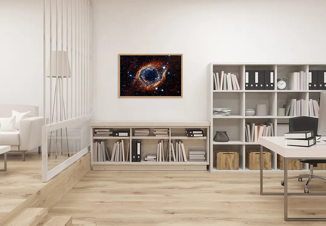 Metalen Magneetbord met afbeelding van ruimte nevel en sterrenstelsel in diep ruimte blauw en oranje kleuren