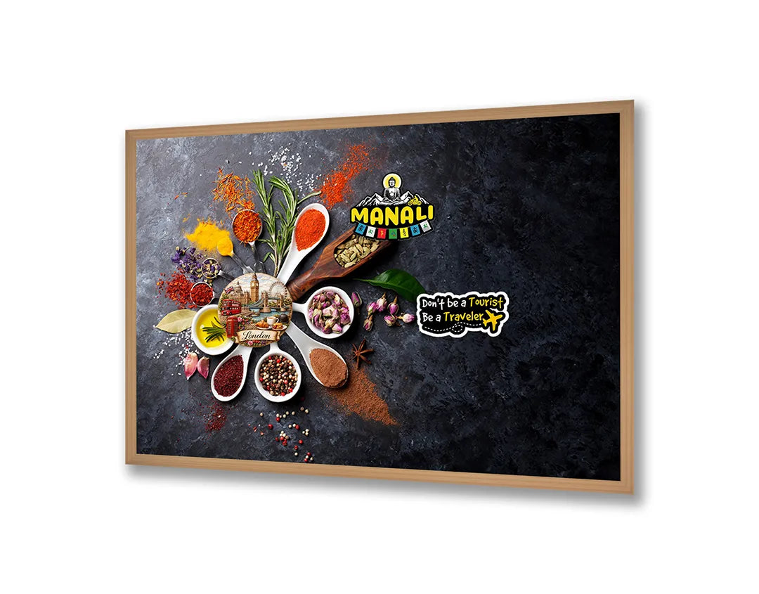 Metalen Magneetbord met afbeelding van specerijen in een cirkel in rode en gele kruiden kleuren