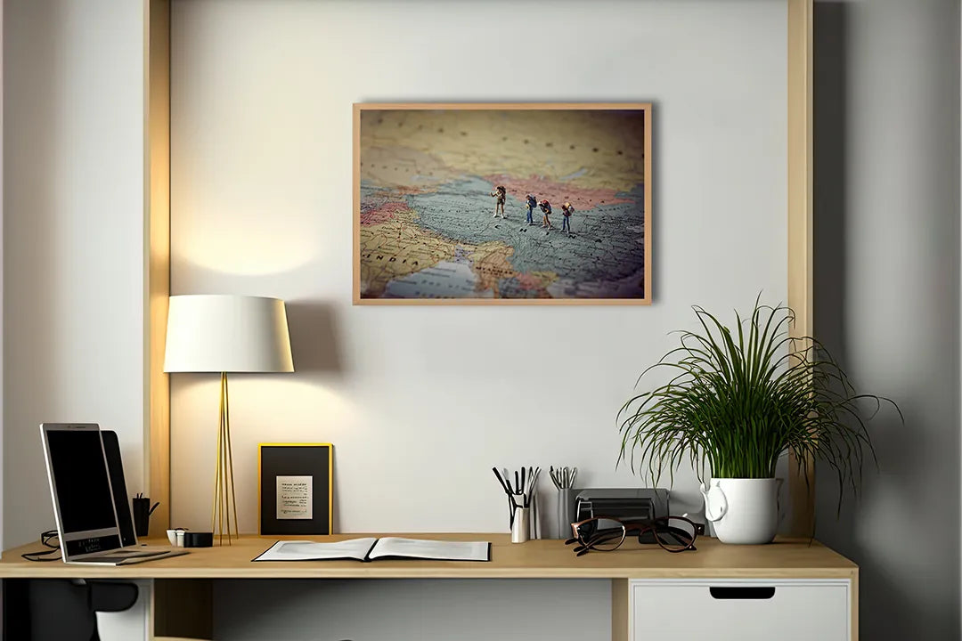 Metalen Magneetbord met afbeelding van wandelaars op een vintage landkaart achtergrond in gedempte aardetinten kleuren