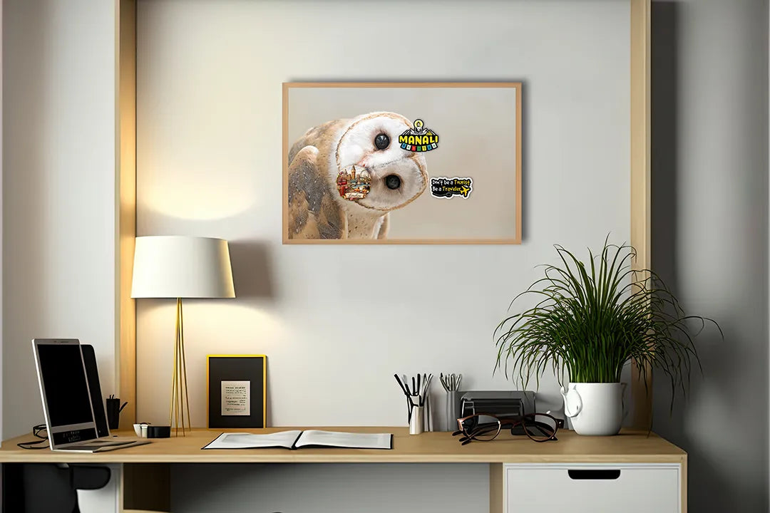 Metalen Magneetbord met afbeelding van kerkuil gezicht in zacht wit en bruin kleuren