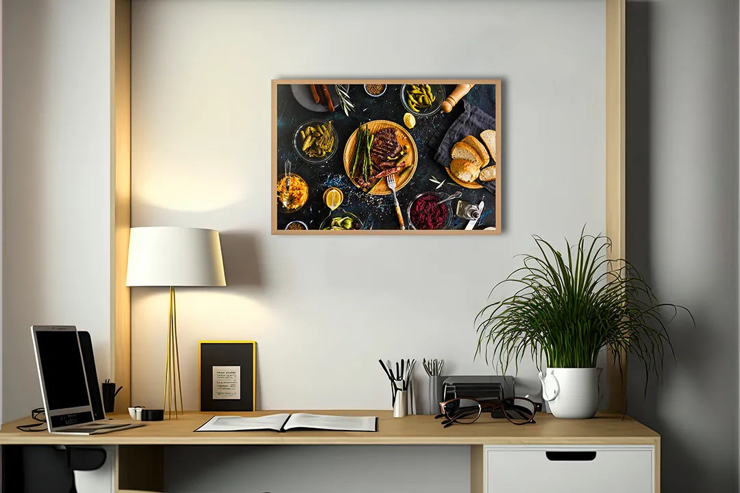 Metalen Magneetbord met afbeelding van bourgondische maaltijd op tafel in donker en sfeervol kleuren