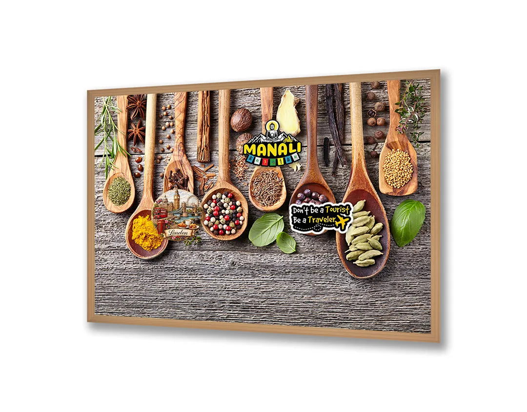 Metalen Magneetbord met afbeelding van rustieke lepels met specerijen in natuurlijk hout kleuren