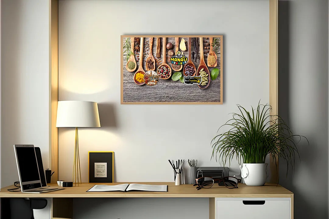 Metalen Magneetbord met afbeelding van rustieke lepels met specerijen in natuurlijk hout kleuren
