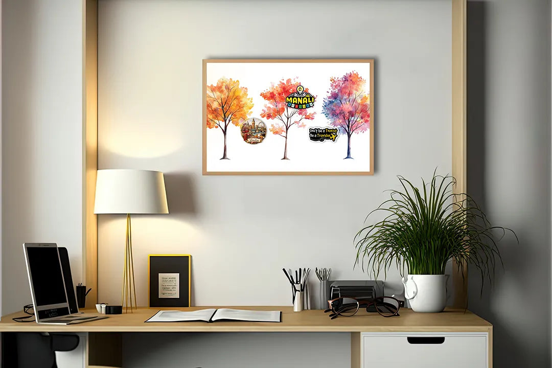 Metalen Magneetbord met hoogwaardige afbeelding van Drie herfstbomen waterkleur voor aan de muur