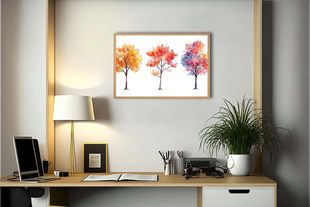 Metalen Magneetbord met hoogwaardige afbeelding van Drie herfstbomen waterkleur voor aan de muur
