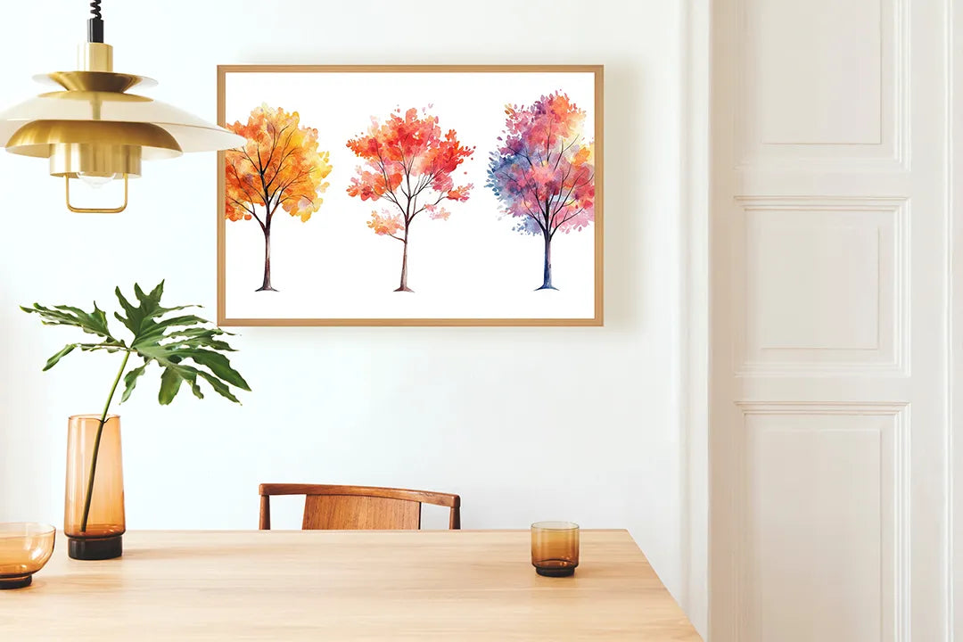 Metalen Magneetbord met hoogwaardige afbeelding van Drie herfstbomen waterkleur voor aan de muur