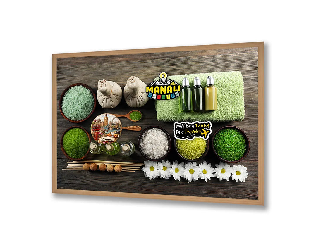 Metalen Magneetbord met afbeelding van spa setting met groene handdoeken en zout in fris groen kleuren