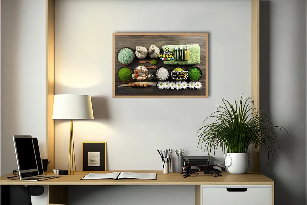 Metalen Magneetbord met afbeelding van spa setting met groene handdoeken en zout in fris groen kleuren