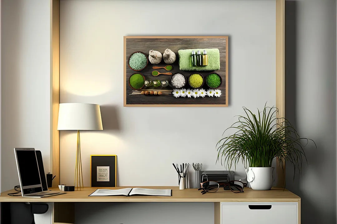 Metalen Magneetbord met afbeelding van spa setting met groene handdoeken en zout in fris groen kleuren
