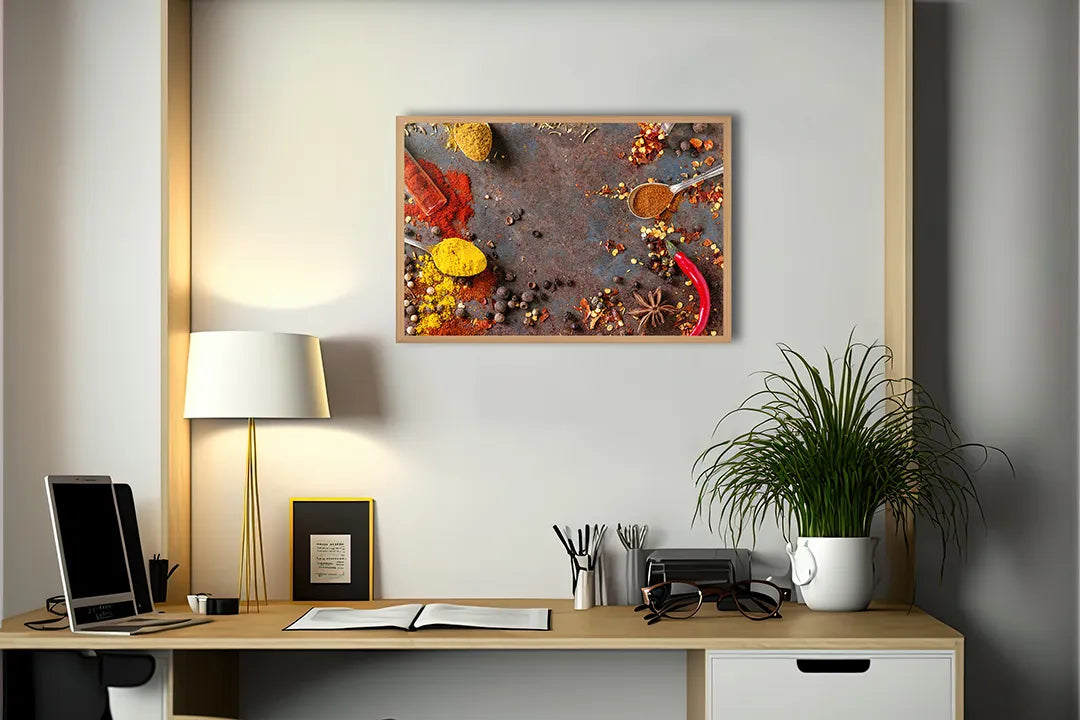 Metalen Magneetbord met afbeelding van losse specerijen en pepers in warm rood en bruin kleuren
