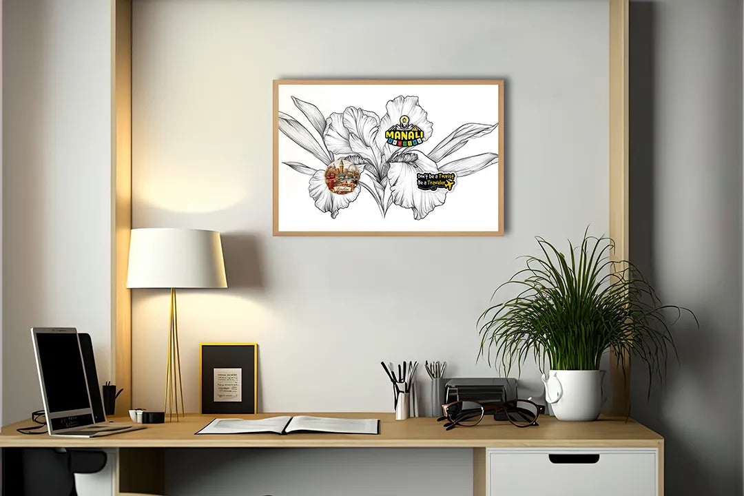 Metalen Magneetbord met hoogwaardige afbeelding van Zwart wit bloemtekening voor aan de muur