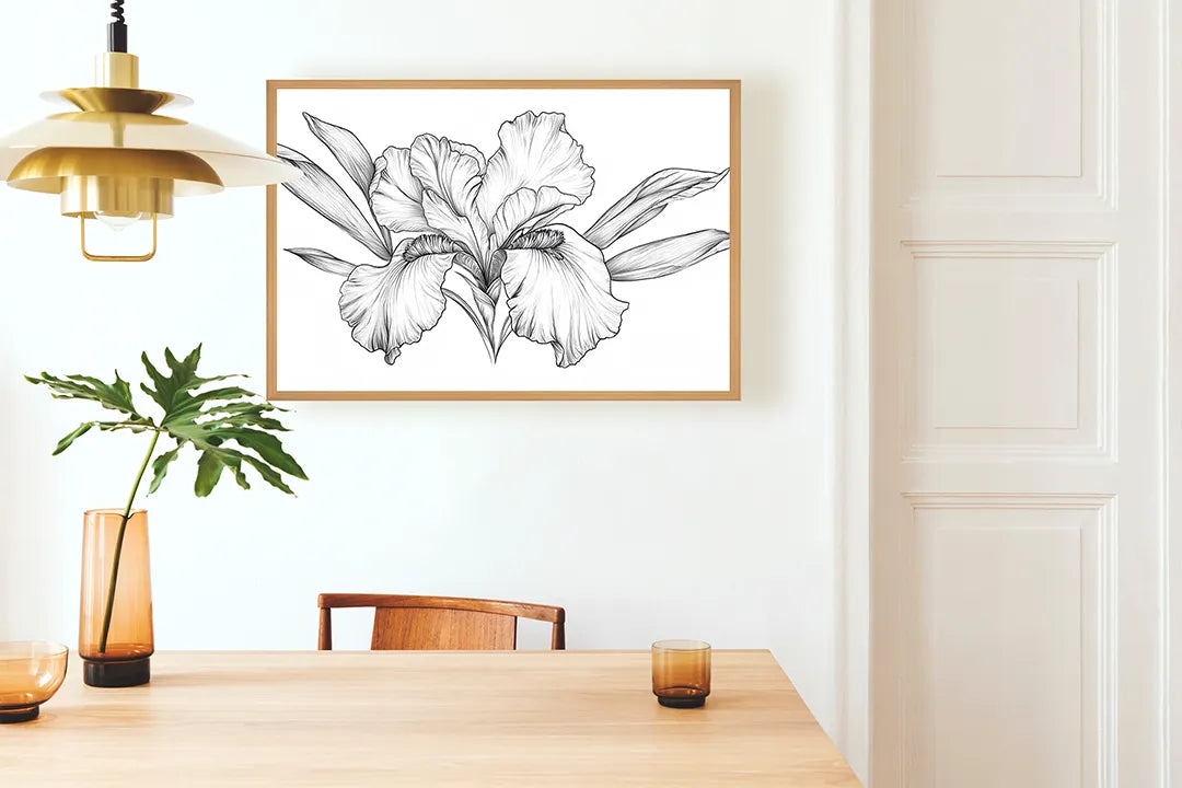 Metalen Magneetbord met hoogwaardige afbeelding van Zwart wit bloemtekening voor aan de muur