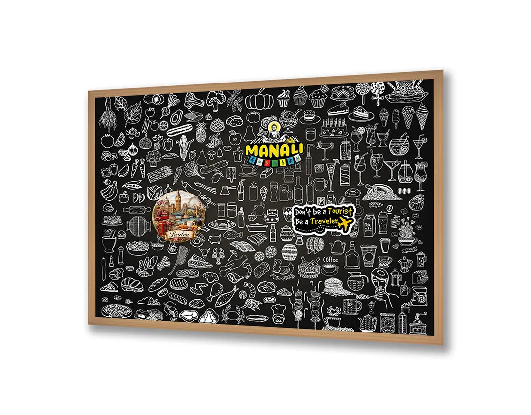 Metalen Magneetbord met afbeelding van krijtbord doodles van eten en drinken in zwart en wit kleuren
