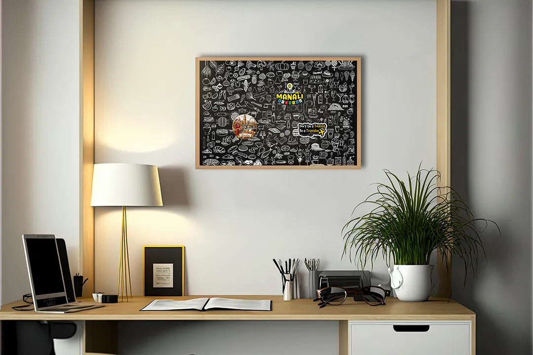 Metalen Magneetbord met afbeelding van krijtbord doodles van eten en drinken in zwart en wit kleuren