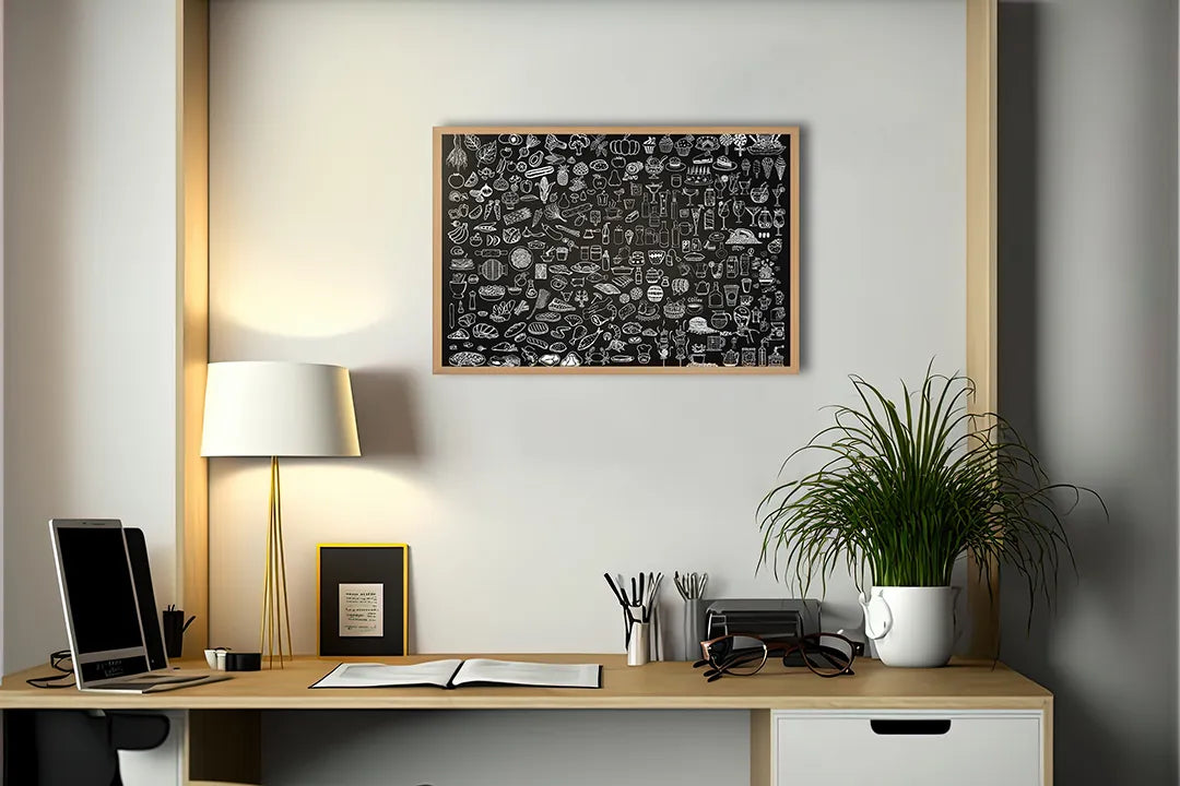 Metalen Magneetbord met afbeelding van krijtbord doodles van eten en drinken in zwart en wit kleuren