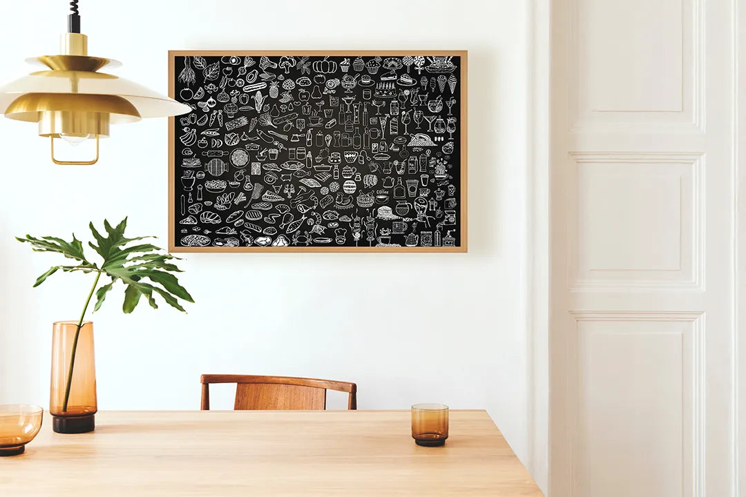 Metalen Magneetbord met afbeelding van krijtbord doodles van eten en drinken in zwart en wit kleuren