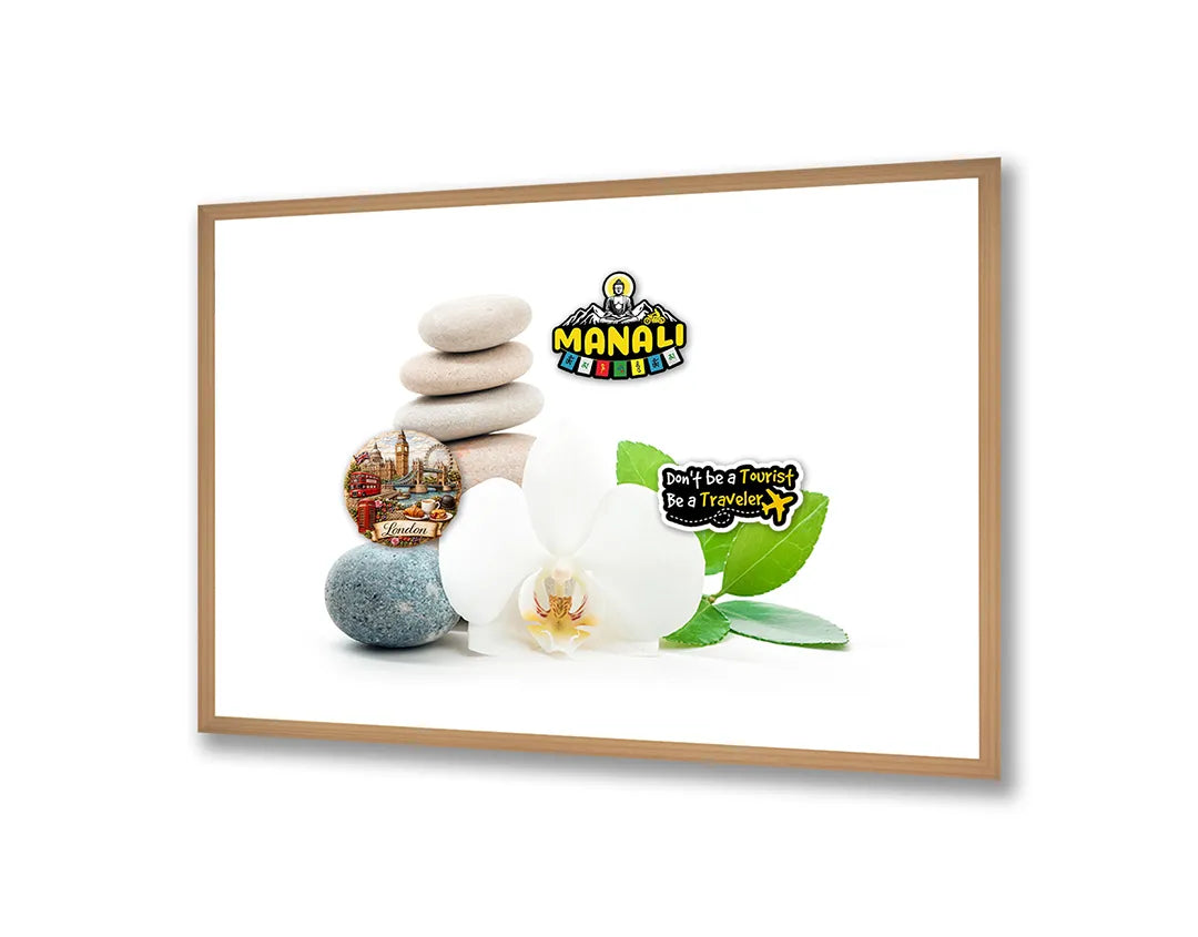 Metalen Magneetbord met afbeelding van zen stenen met orchidee en blad in wit en fris groen kleuren