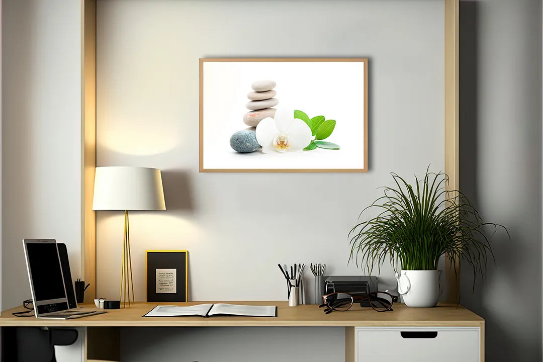 Metalen Magneetbord met afbeelding van zen stenen met orchidee en blad in wit en fris groen kleuren