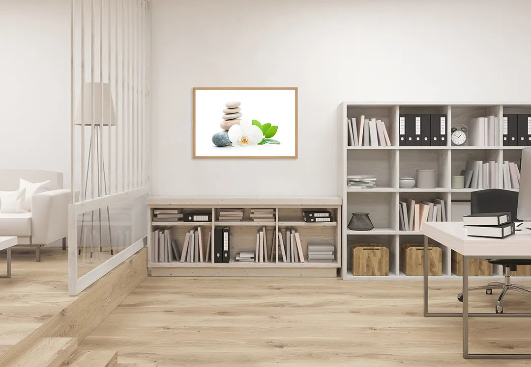 Metalen Magneetbord met afbeelding van zen stenen met orchidee en blad in wit en fris groen kleuren