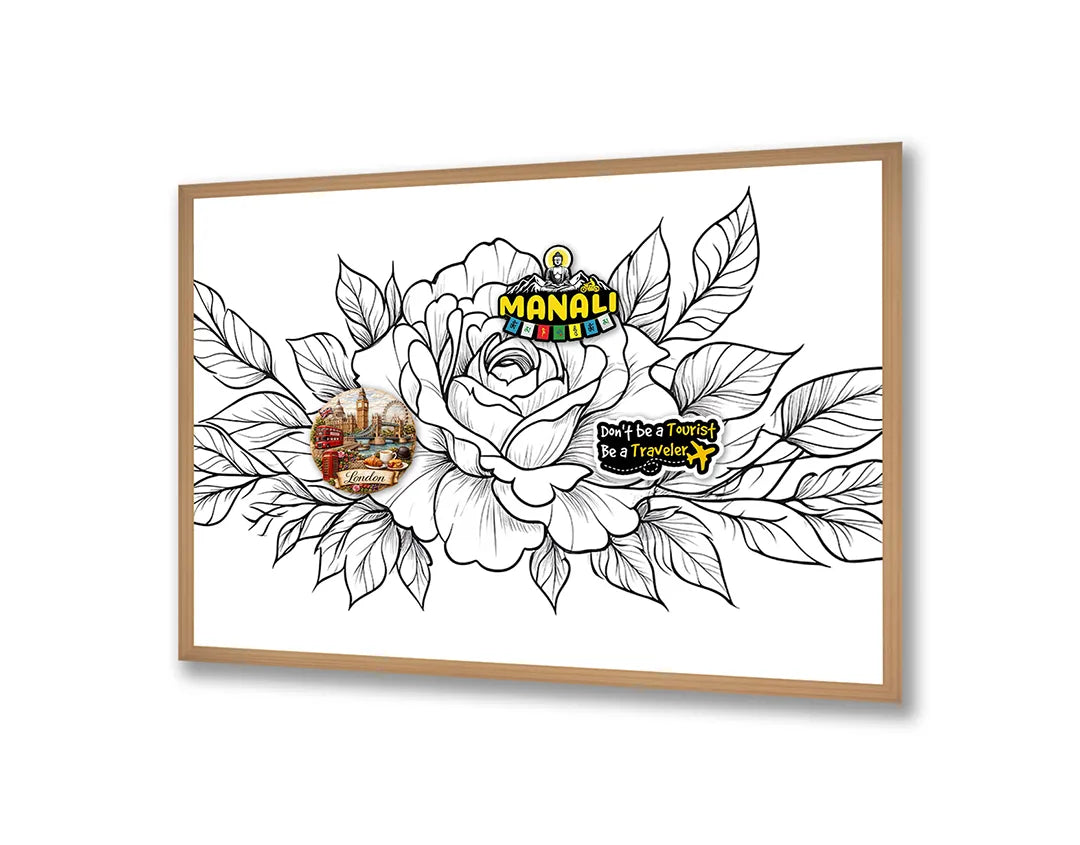 Metalen Magneetbord met hoogwaardige afbeelding van Rozentekening zwart wit voor aan de muur