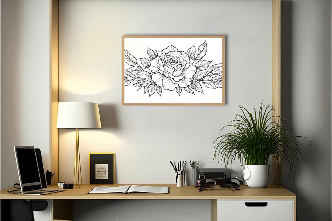 Metalen Magneetbord met hoogwaardige afbeelding van Rozentekening zwart wit voor aan de muur