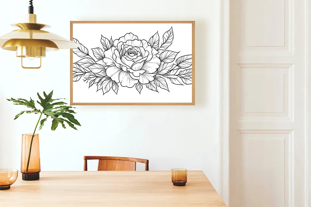 Metalen Magneetbord met hoogwaardige afbeelding van Rozentekening zwart wit voor aan de muur