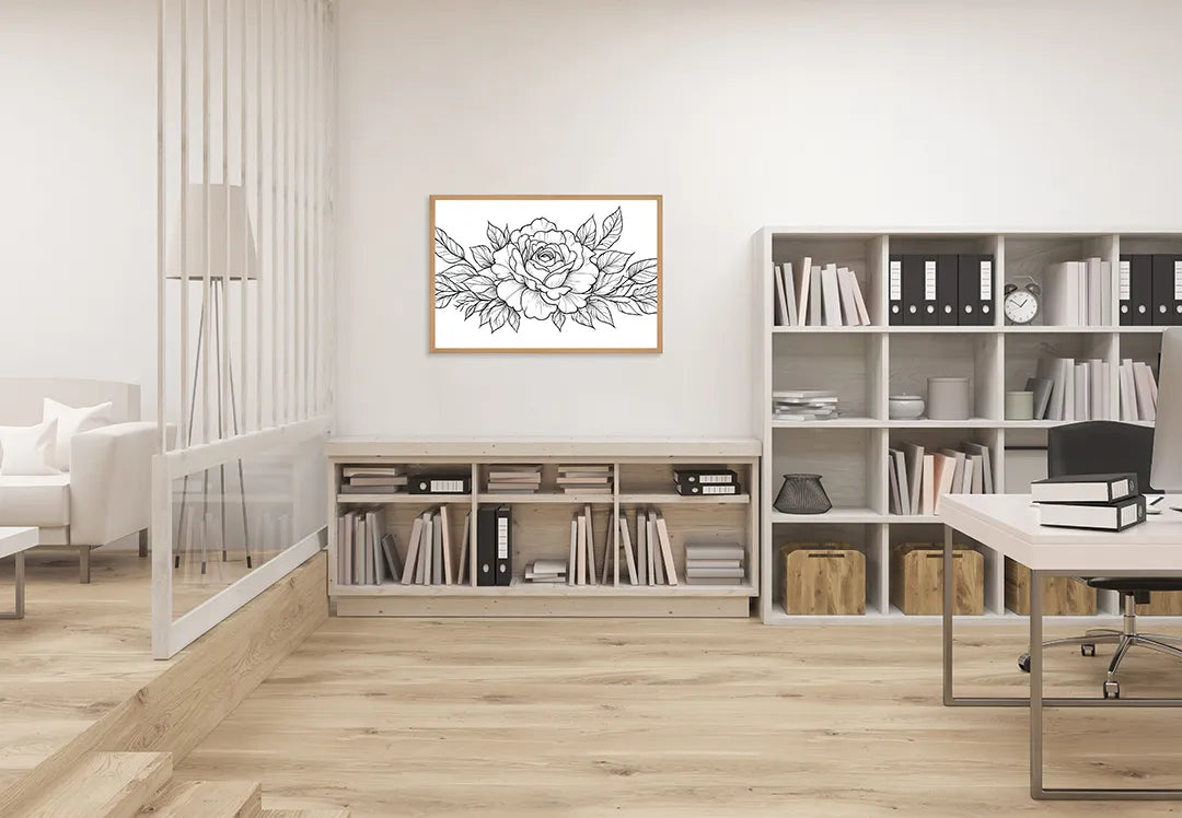 Metalen Magneetbord met hoogwaardige afbeelding van Rozentekening zwart wit voor aan de muur