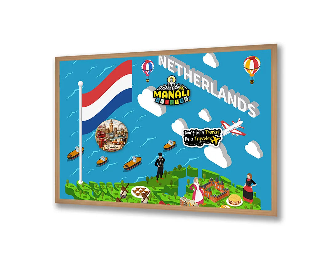 Metalen Magneetbord met afbeelding van Nederlandse iconen illustratie in vrolijke primaire kleuren kleuren