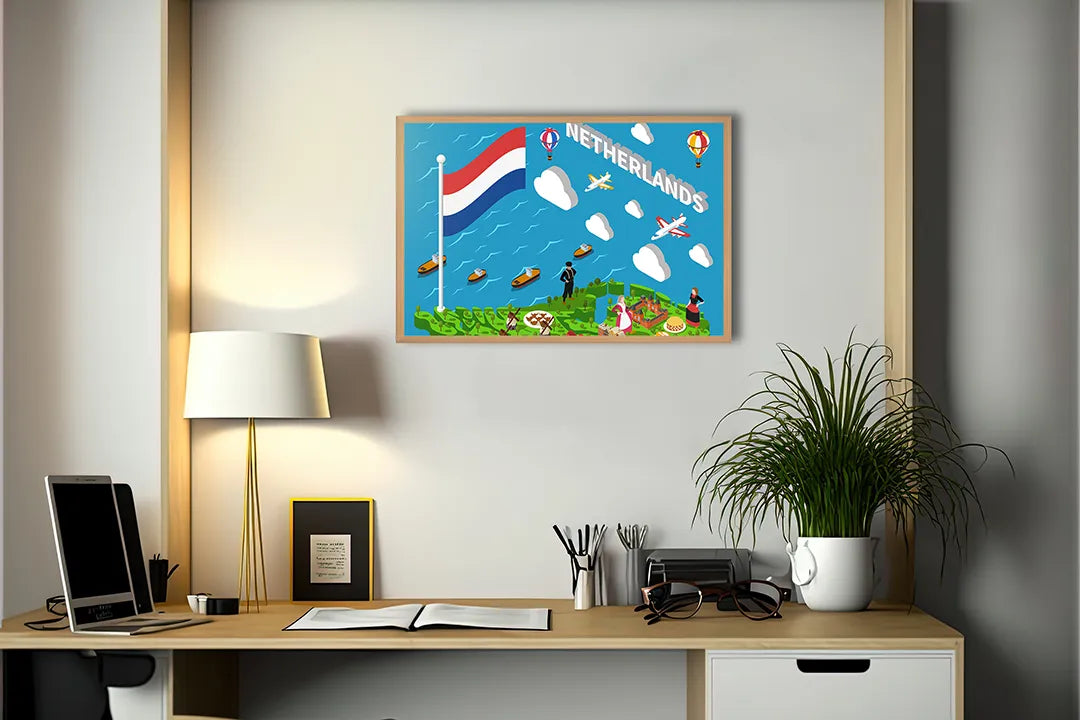 Metalen Magneetbord met afbeelding van Nederlandse iconen illustratie in vrolijke primaire kleuren kleuren