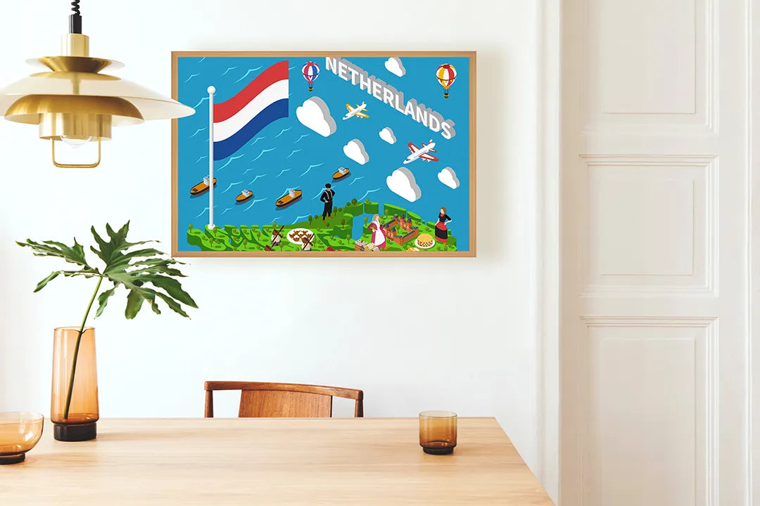 Metalen Magneetbord met afbeelding van Nederlandse iconen illustratie in vrolijke primaire kleuren kleuren