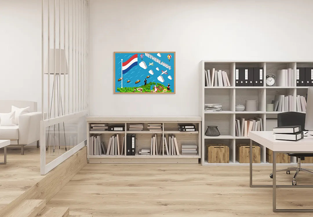 Metalen Magneetbord met afbeelding van Nederlandse iconen illustratie in vrolijke primaire kleuren kleuren