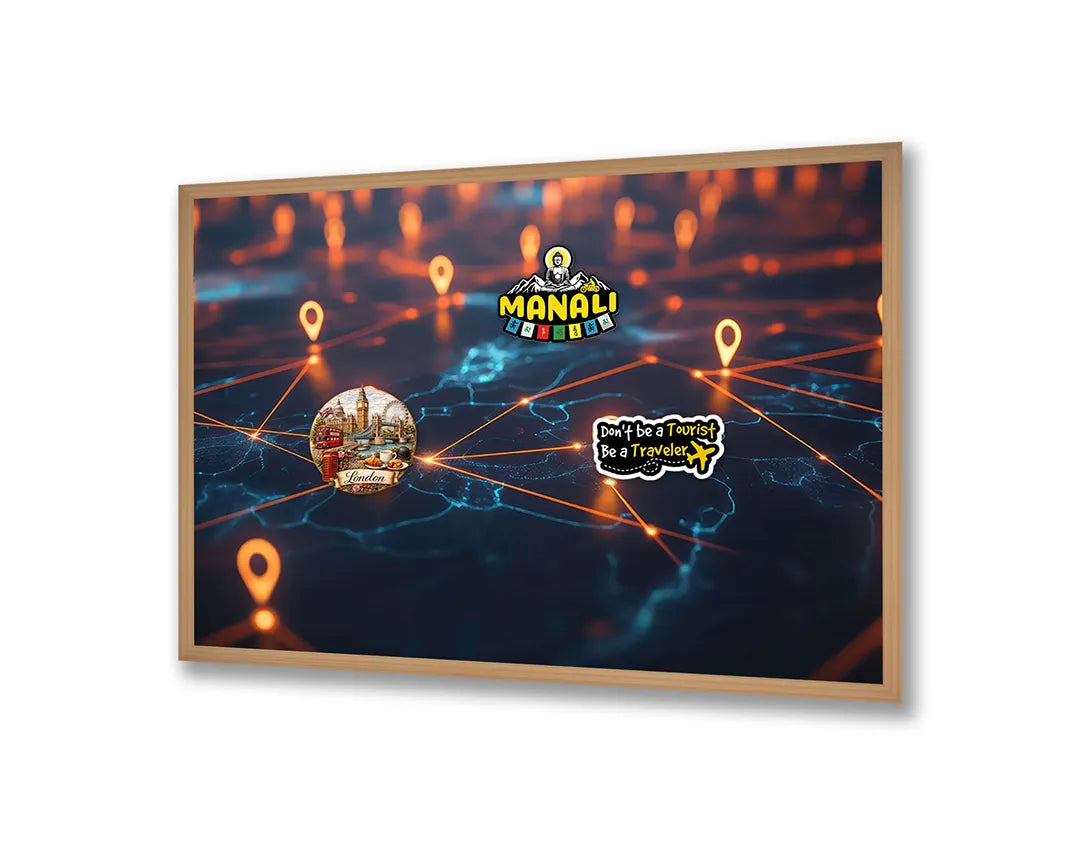 Metalen Magneetbord met hoogwaardige afbeelding van Digitale wereldkaart lichtjes voor aan de muur