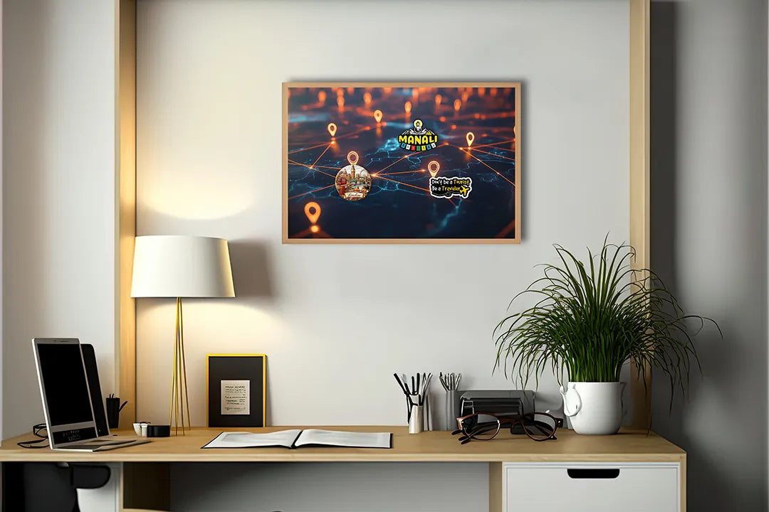 Metalen Magneetbord met hoogwaardige afbeelding van Digitale wereldkaart lichtjes voor aan de muur