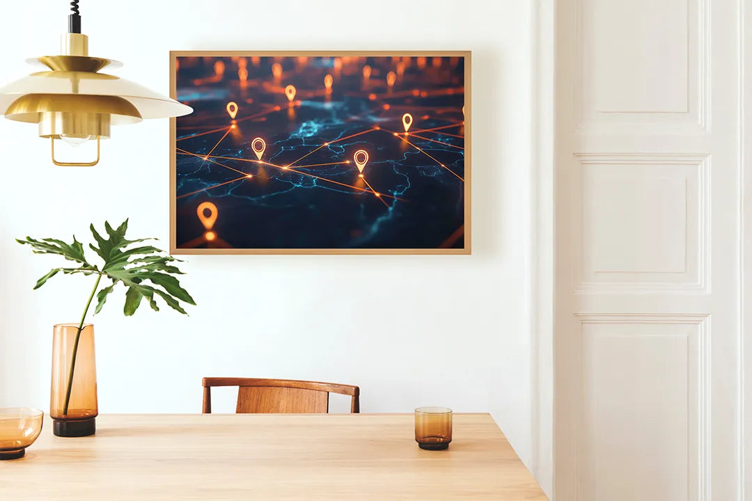 Metalen Magneetbord met hoogwaardige afbeelding van Digitale wereldkaart lichtjes voor aan de muur