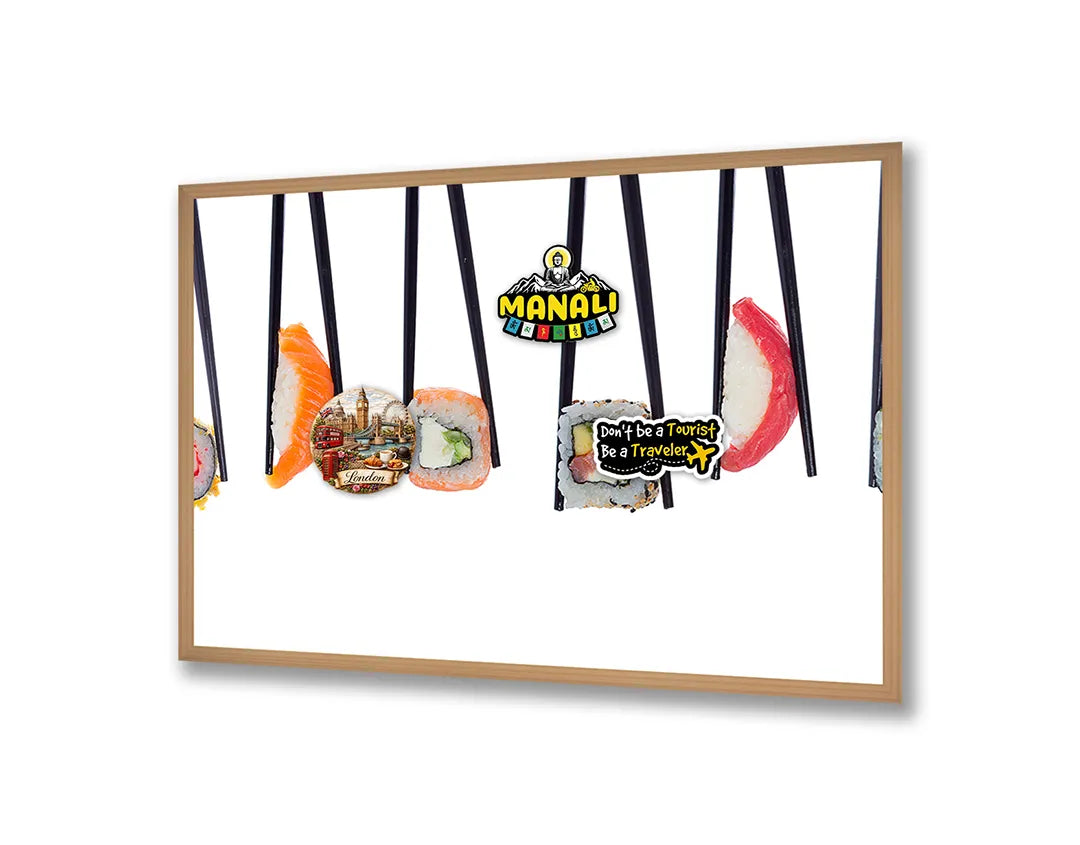 Metalen Magneetbord met afbeelding van hangende sushi stukjes in licht en fris kleuren