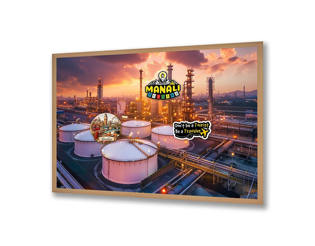 Metalen Magneetbord met hoogwaardige afbeelding van Olieraffinaderij industrie zonsondergang voor aan de muur