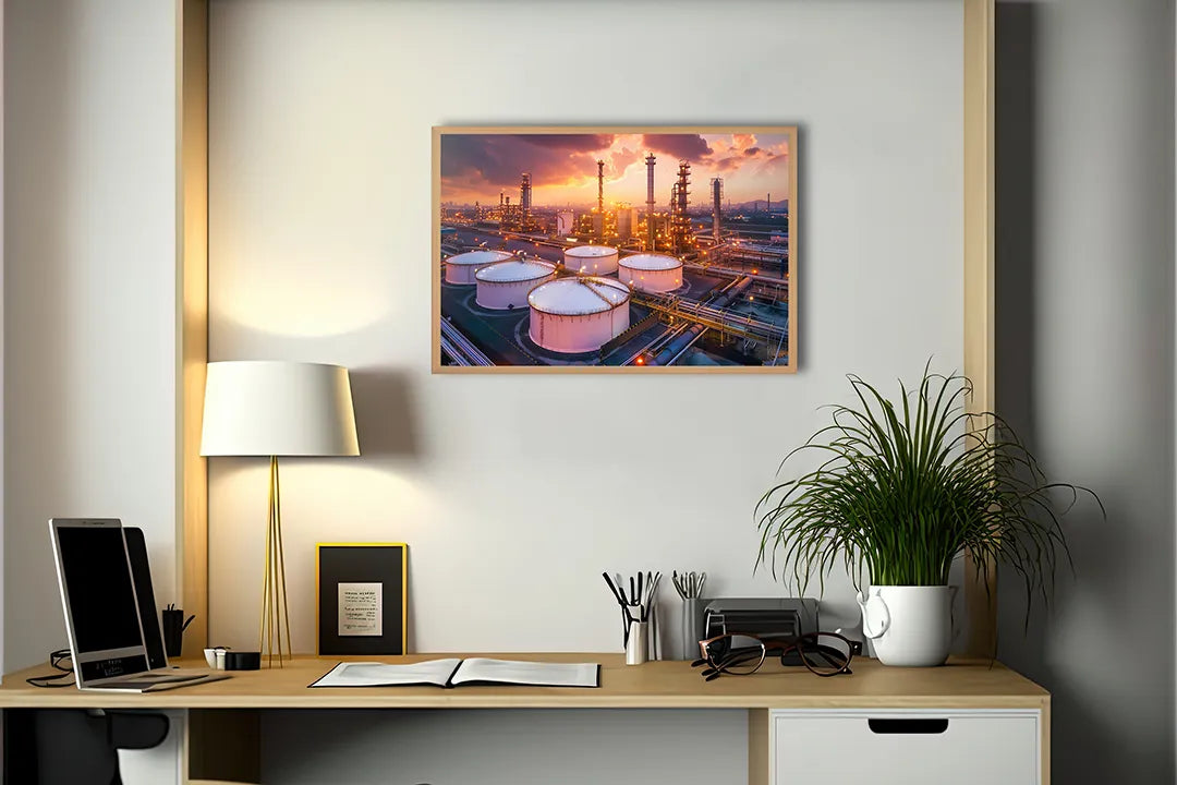 Metalen Magneetbord met hoogwaardige afbeelding van Olieraffinaderij industrie zonsondergang voor aan de muur