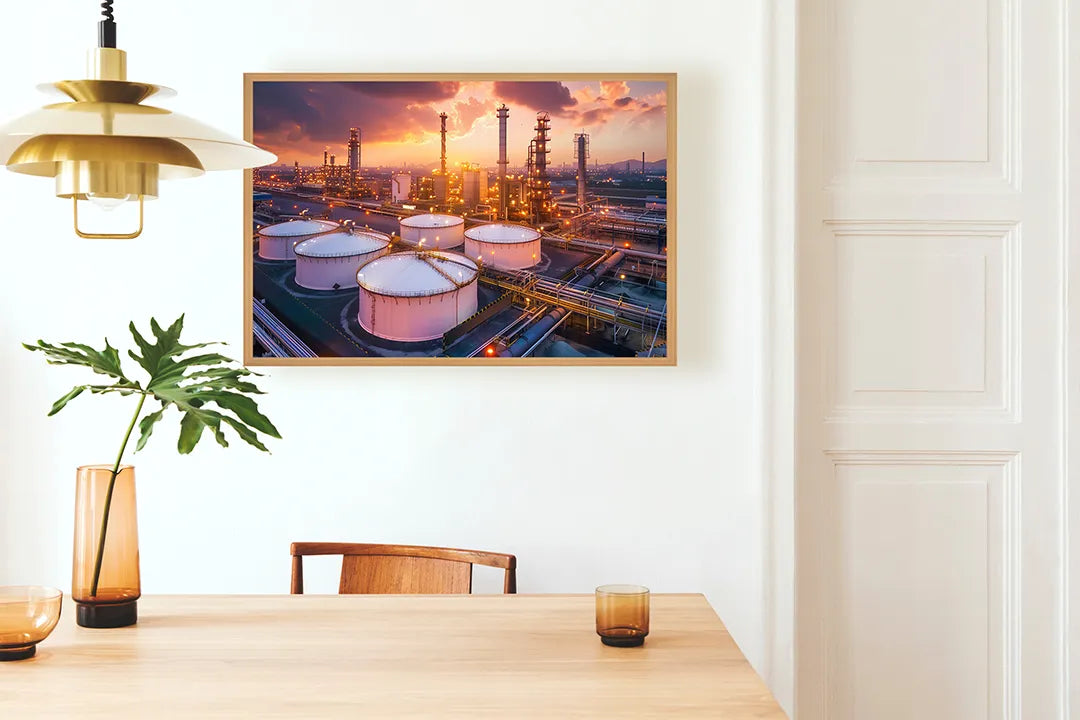 Metalen Magneetbord met hoogwaardige afbeelding van Olieraffinaderij industrie zonsondergang voor aan de muur