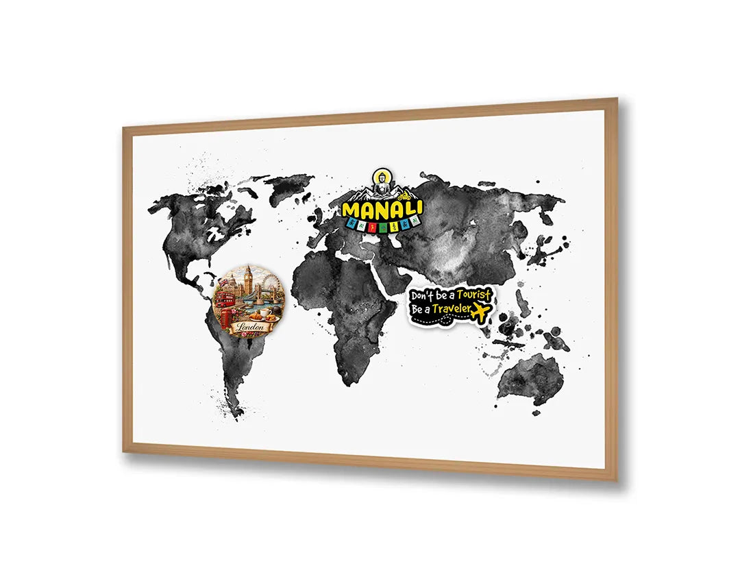 Metalen Magneetbord met afbeelding van wereldkaart in aquarel zwart-wit in zwart-wit kleuren