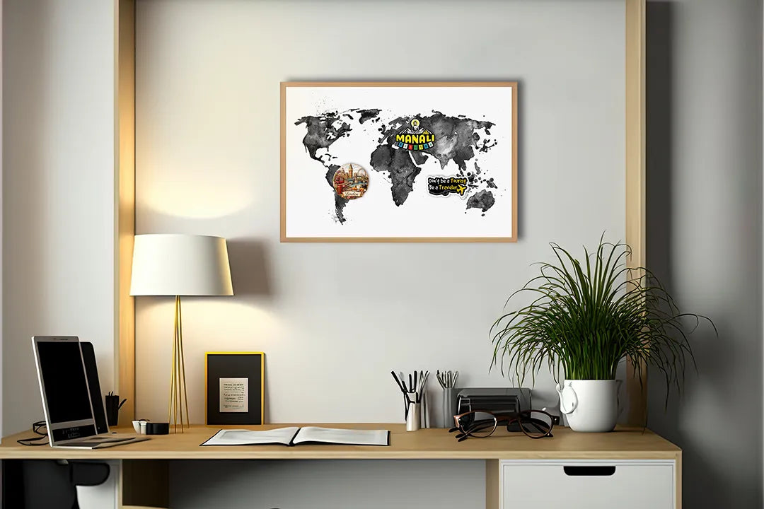 Metalen Magneetbord met afbeelding van wereldkaart in aquarel zwart-wit in zwart-wit kleuren
