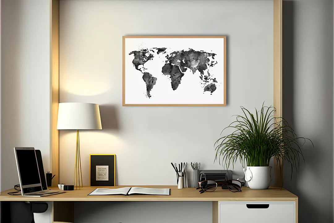 Metalen Magneetbord met afbeelding van wereldkaart in aquarel zwart-wit in zwart-wit kleuren
