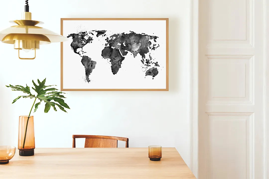 Metalen Magneetbord met afbeelding van wereldkaart in aquarel zwart-wit in zwart-wit kleuren