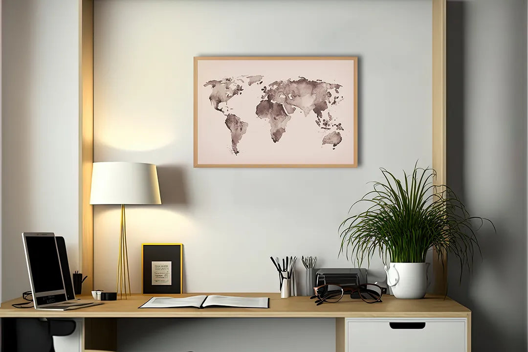 Metalen Magneetbord met afbeelding van roze getinte vintage wereldkaart in zacht roze en bruin kleuren