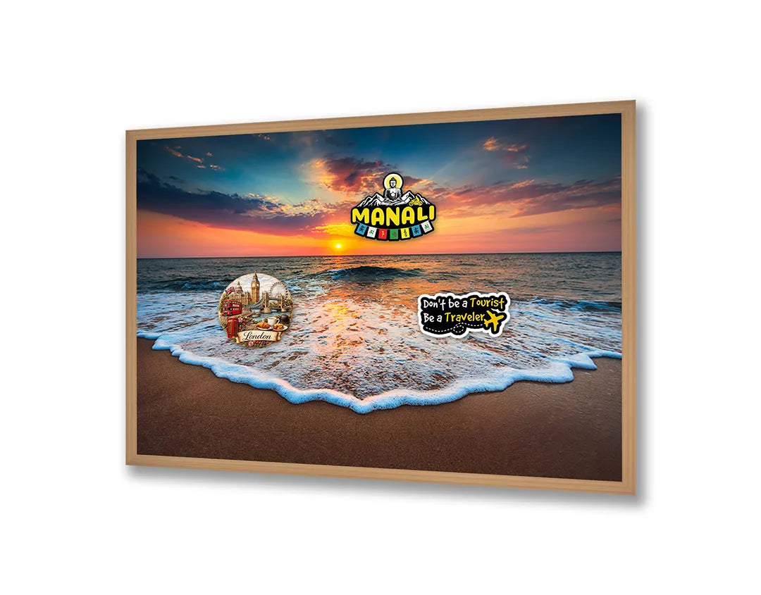 Metalen Magneetbord met afbeelding van zonsondergang over golvend strand in warm oranje en blauw kleuren