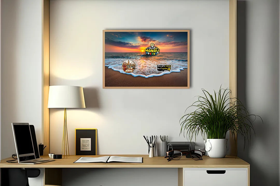 Metalen Magneetbord met afbeelding van zonsondergang over golvend strand in warm oranje en blauw kleuren